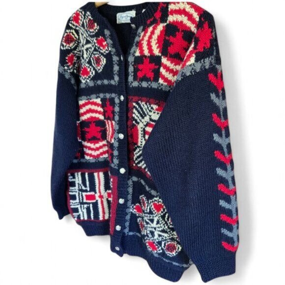 Vintage Jayson Younger Large Americana Wool Knit Cardigan Sweater Red White Blue - Picture 2 of 5